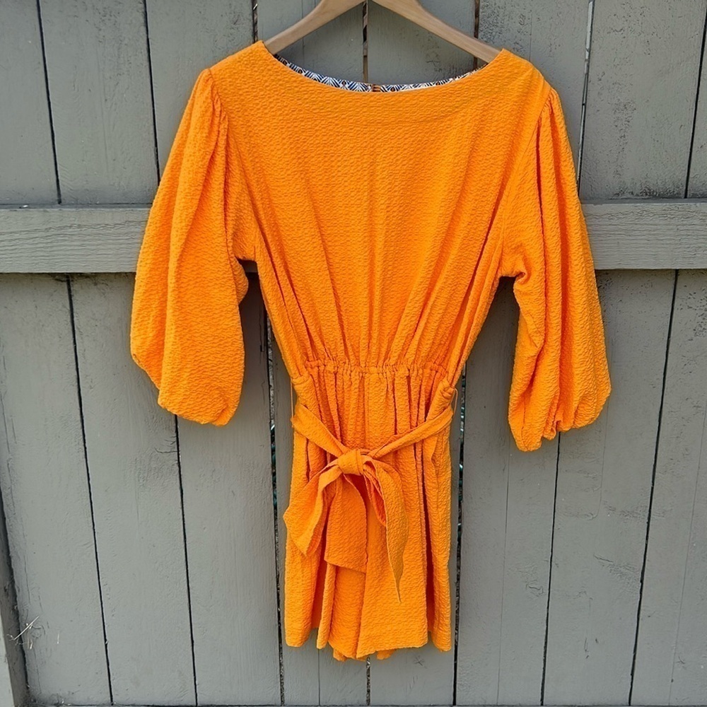 Anthropologie Orange Francesca Balloon Sleeved Textured Romper Summer Sz Small